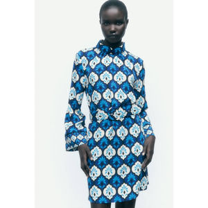 Zara Bell Sleeve Printed Pattern Blue Retro Ecru Short Dress NEW Size Medium M